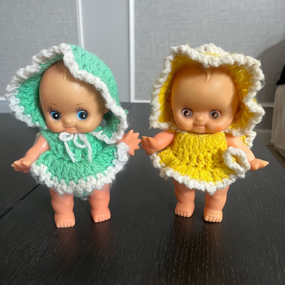 Two Vintage Kewpie Dolls 8" Tall Green and Yellow Yarn Crochet Clothes